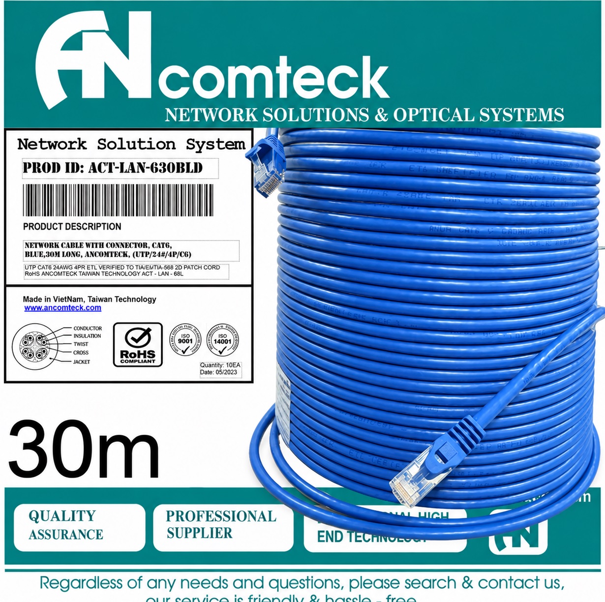 DÂY NHẢY PATCH CORD 30m CAT6 UTP lõi đồng, đầu đúc hiệu Ancomteck ACT-LAN-630BLD