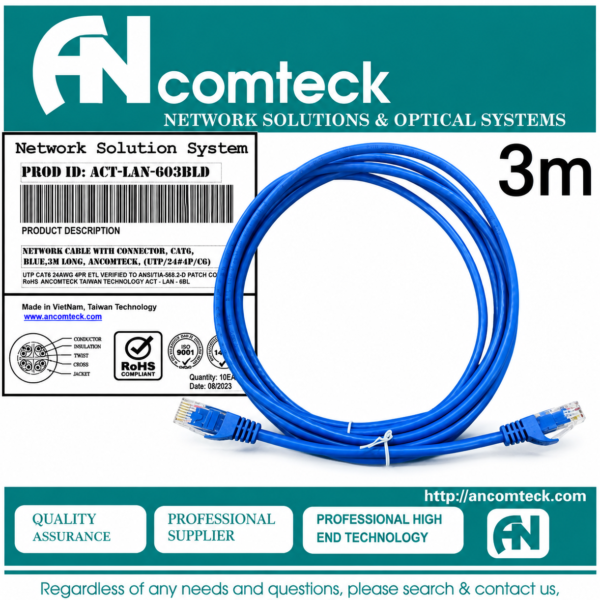 DÂY NHẢY PATCH CORD 3m CAT6 UTP lõi đồng, đầu đúc hiệu Ancomteck ACT-LAN-603BLD