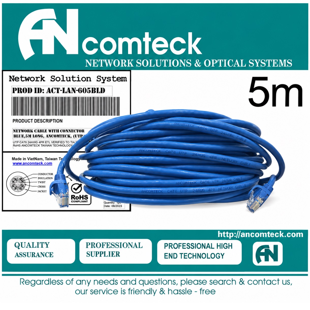 DÂY NHẢY PATCH CORD 5m CAT6 UTP lõi đồng, đầu đúc hiệu Ancomteck ACT-LAN-605BLD
