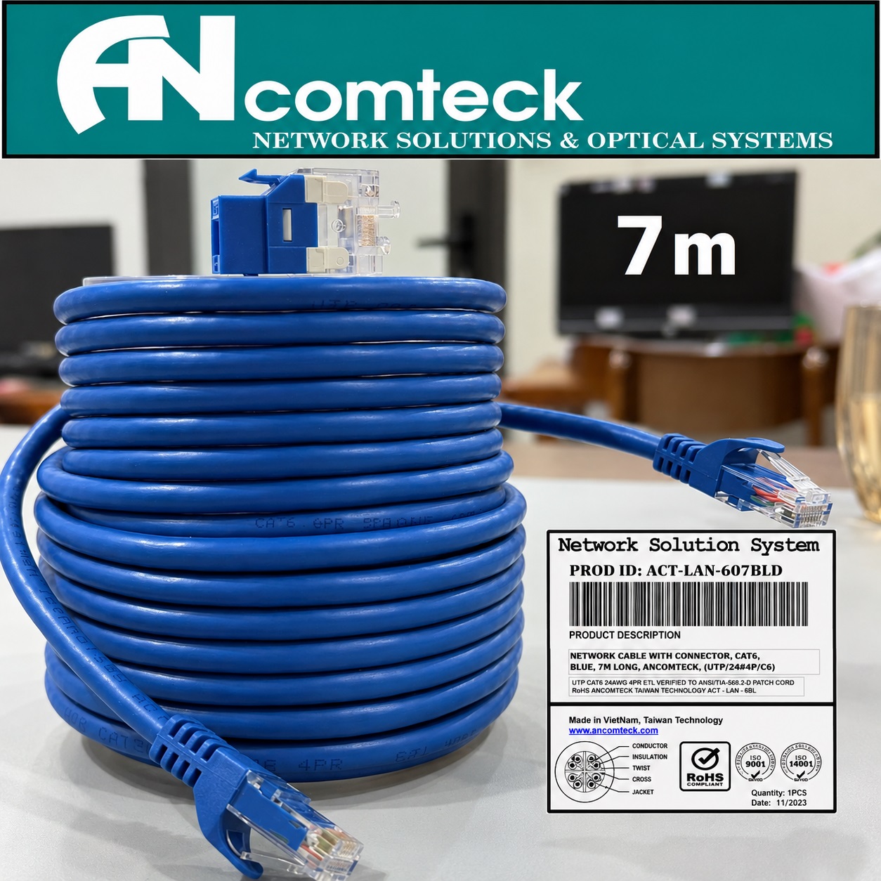 DÂY NHẢY PATCH CORD 7m CAT6 UTP lõi đồng, đầu đúc hiệu Ancomteck ACT-LAN-607BLD