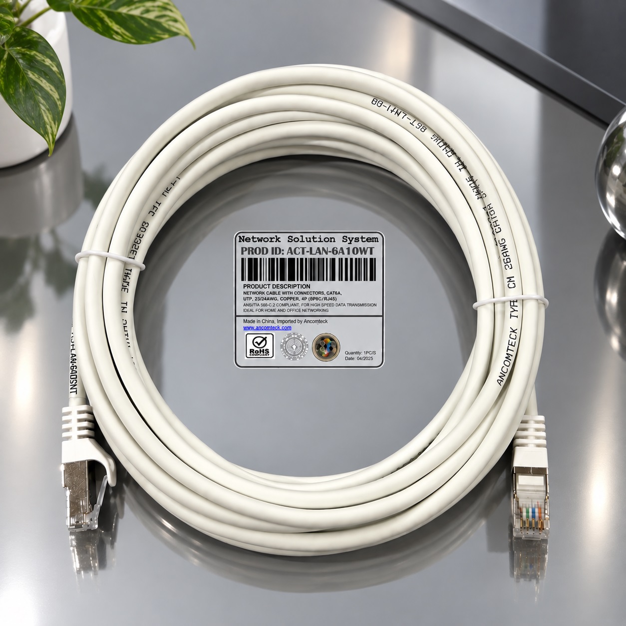 Dây nhảy PATCH CORD 10m Cat6A S-FTP, Shielded, LSZH, màu trắng - ANCOMTECK mã ACT-LAN-6A10WT