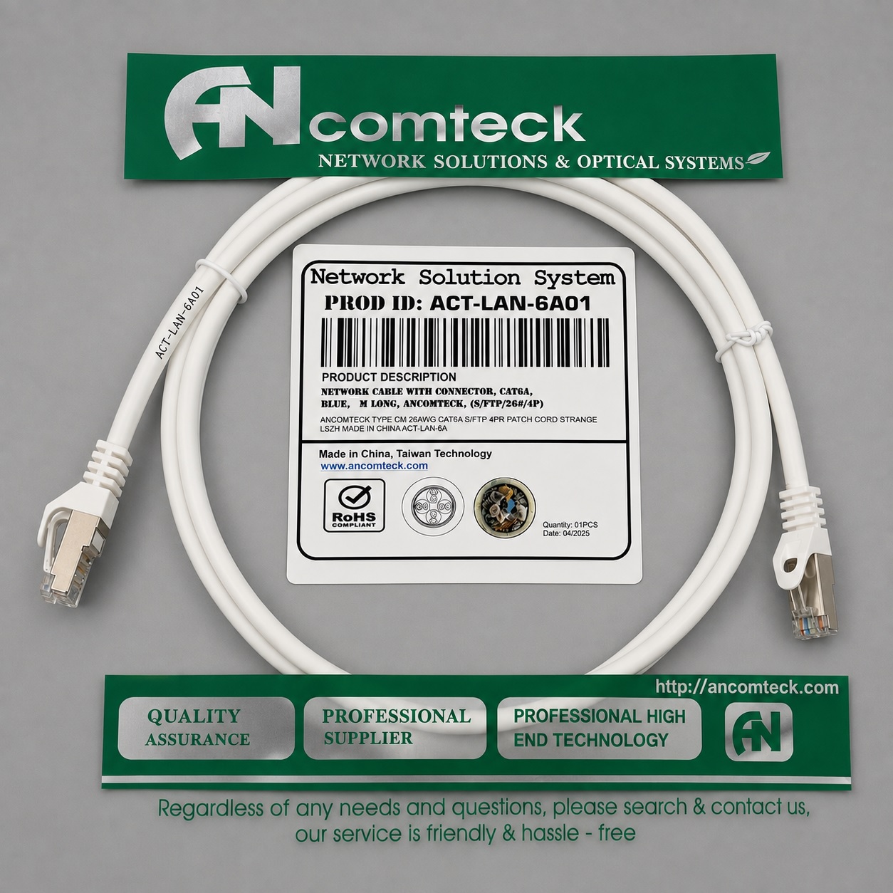 Dây nhảy PATCH CORD Cat6A S-FTP, Shielded, LSZH, White, 1M đúc - ANCOMTECK mã ACT-LAN-6A01WT