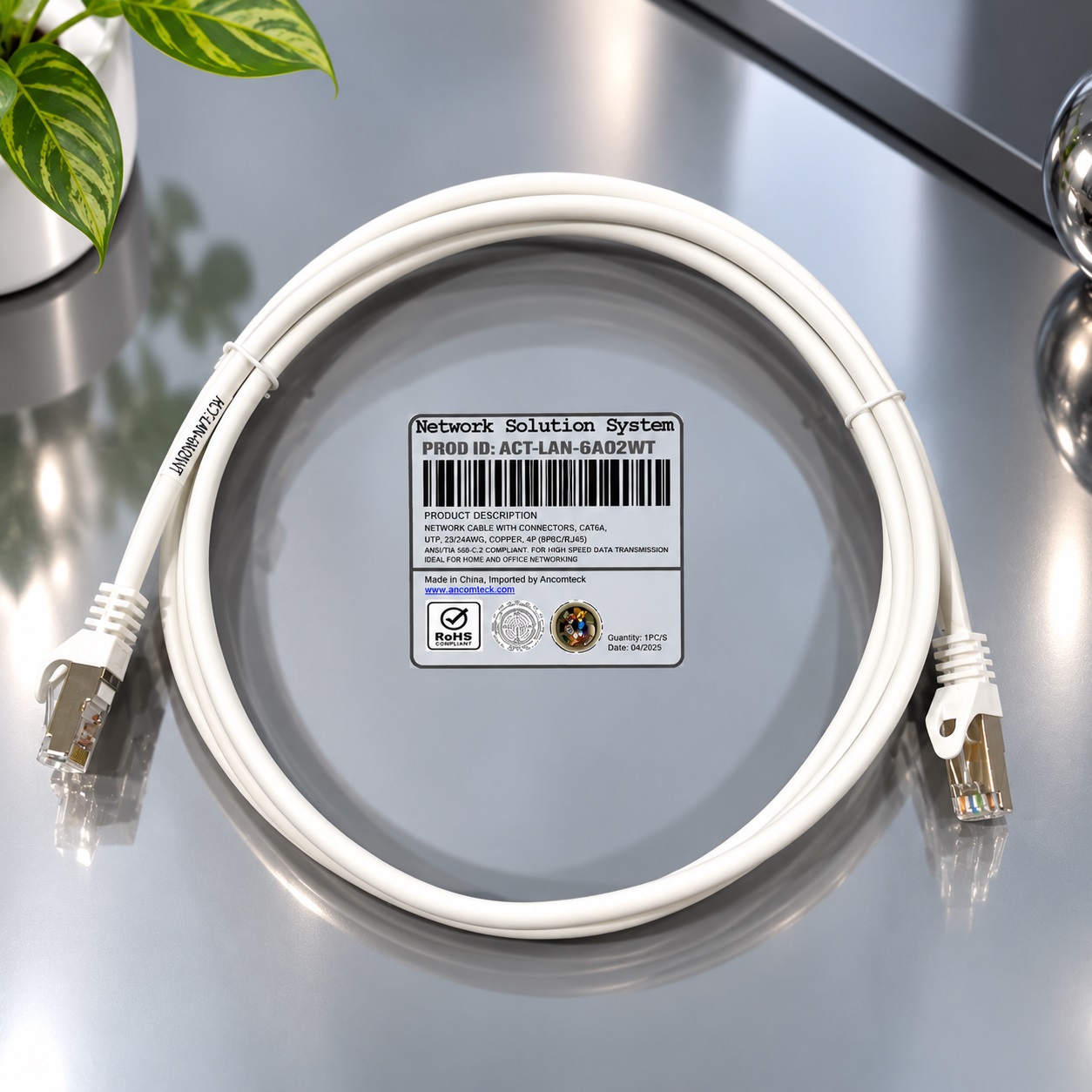 Dây nhảy PATCH CORD 2m Cat6A S-FTP, Shielded, LSZH, màu trắng- ANCOMTECK mã ACT-LAN-6A02WT