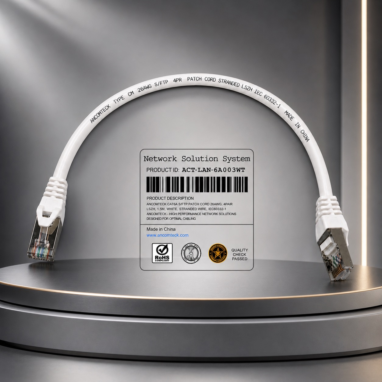 Dây nhảy PATCH CORD Cat6A S-FTP, Shielded, LSZH, White, 30cm đúc - ANCOMTECK mã ACT-LAN-6A003WT