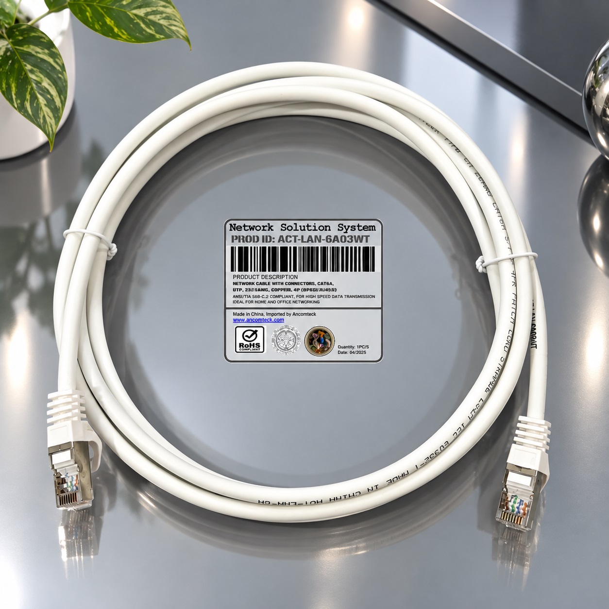 Dây nhảy PATCH CORD 3m Cat6A S-FTP, Shielded, LSZH, màu trắng - ANCOMTECK mã ACT-LAN-6A03WT