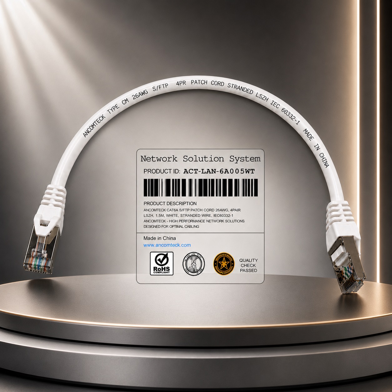 Dây nhảy PATCH CORD Cat6A S-FTP, Shielded, LSZH, White, 50cm đúc - ANCOMTECK mã ACT-LAN-6A005WT