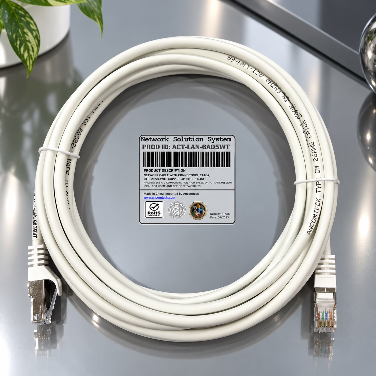 Dây nhảy PATCH CORD 5m Cat6A S-FTP, Shielded, LSZH, màu trắng - ANCOMTECK mã  ACT-LAN-6A05WT