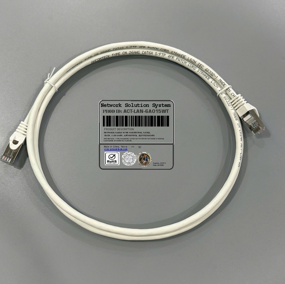 Dây nhảy PATCH CORD Cat6A FTP, Shielded, LSZH, White, 1.5M - ANCOMTECK mã ACT-LAN-6A015WT