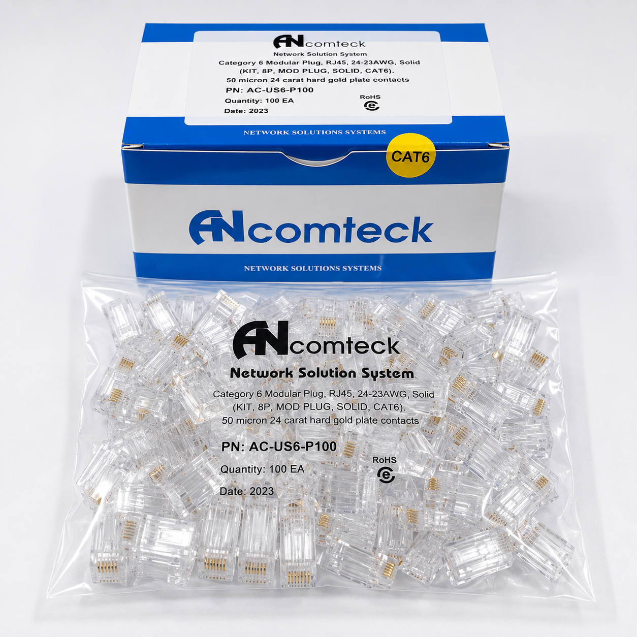 Hạt mạng Cat6 UTP ANCOMTECK AC-US6-P100, chân sole đồng rãnh to