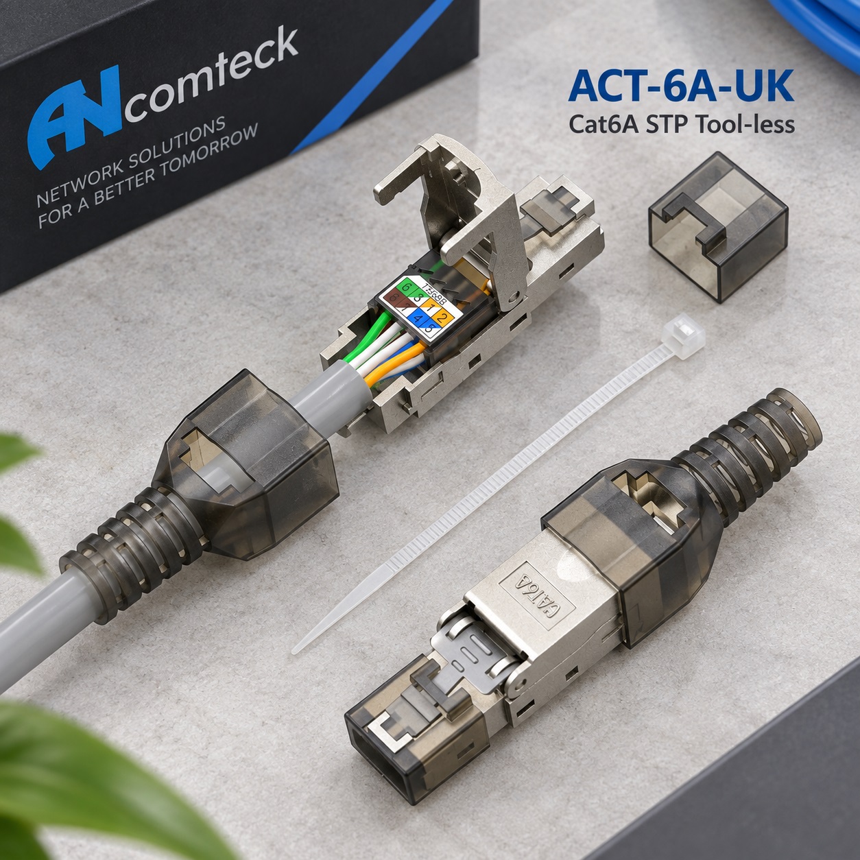 Hạt mạng CAT6A không dùng TOOL chuẩn công nghiệp, phù hợp switch Poe, hãng Ancomteck ACT-6A-UK