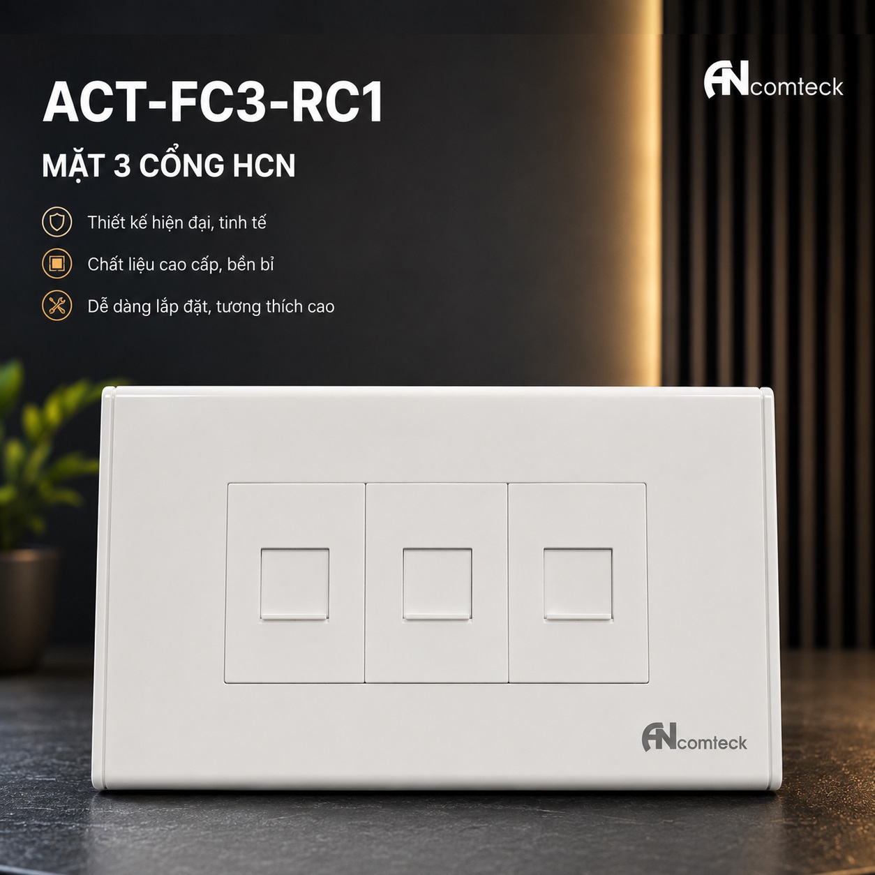 Mặt nạ 3 cổng trắng sứ, hiệu Ancomteck mã  ACT-FC3-RC1