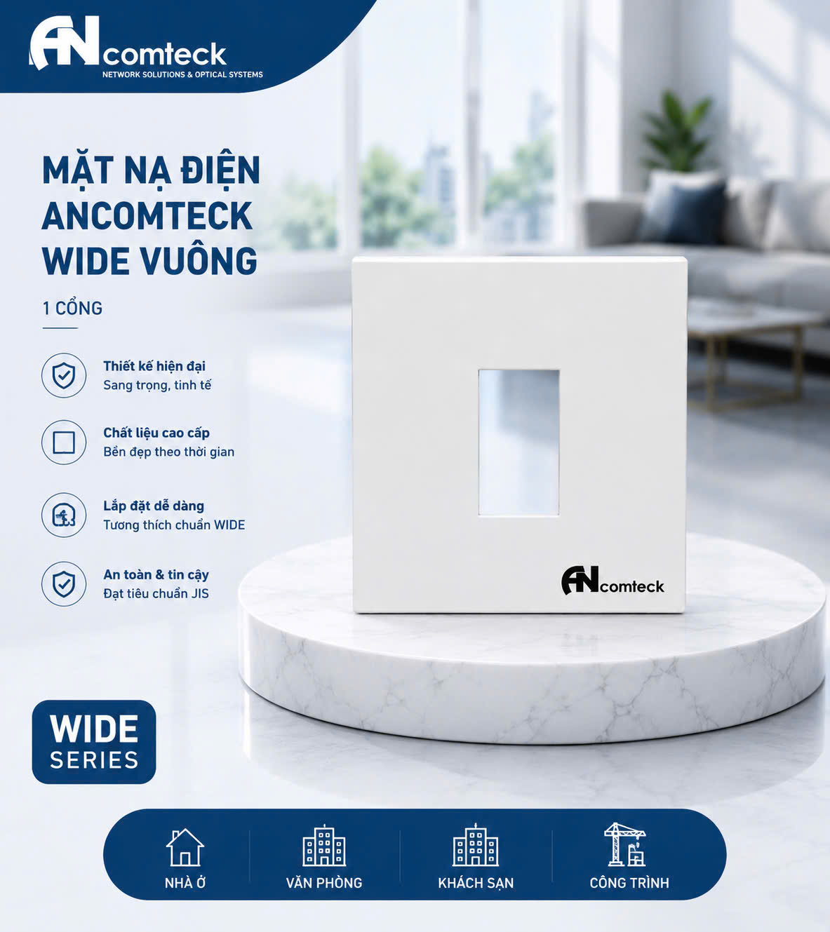 Mặt nạ vuông 1 cổng ancomteck, mã ACT-FC1-SQ