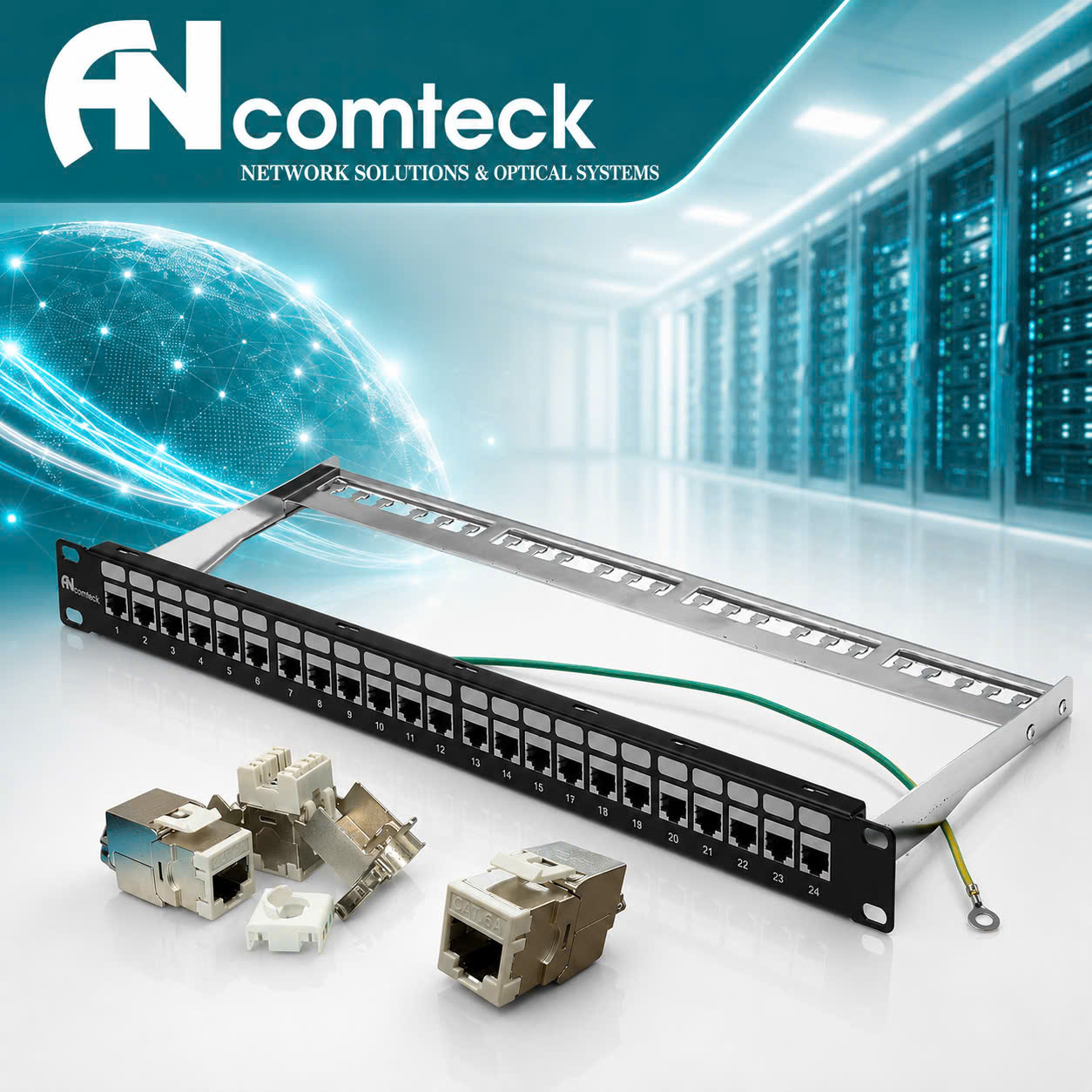 Patch panel 24 cổng Cat6A FTP mã ACT-24S1U, ACT-S6A-001 chính hãng ANCOMTECK