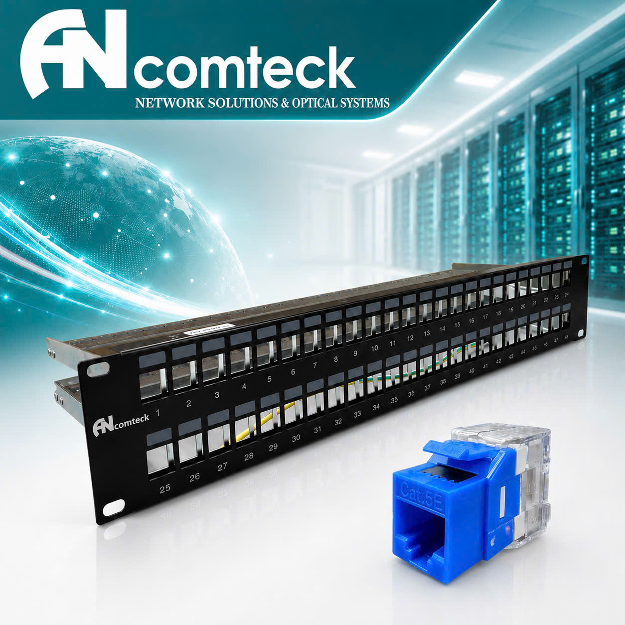 Patch panel 48 cổng Cat5E UTP 2U mã ACT-48S2U, ACT-JK28-C5-US chính hãng ANCOMTECK