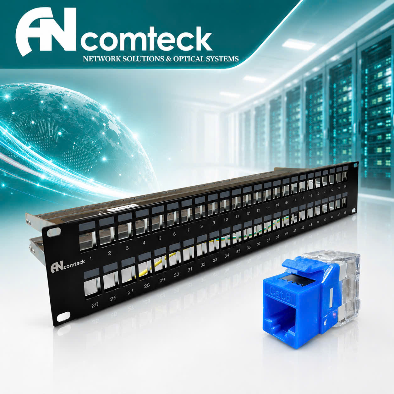 Patch panel 48 cổng Cat6 UTP 2U mã ACT-48S2U, ACT-JK28-C6-US chính hãng ANCOMTECK