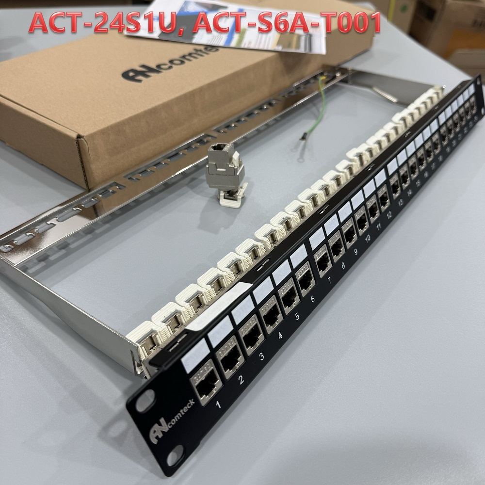 Thanh đấu nối mạng âm tường 24 cổng CAT6A FTP mã ACT-24S1U, ACT-S6A-T001 ANCOMTECK
