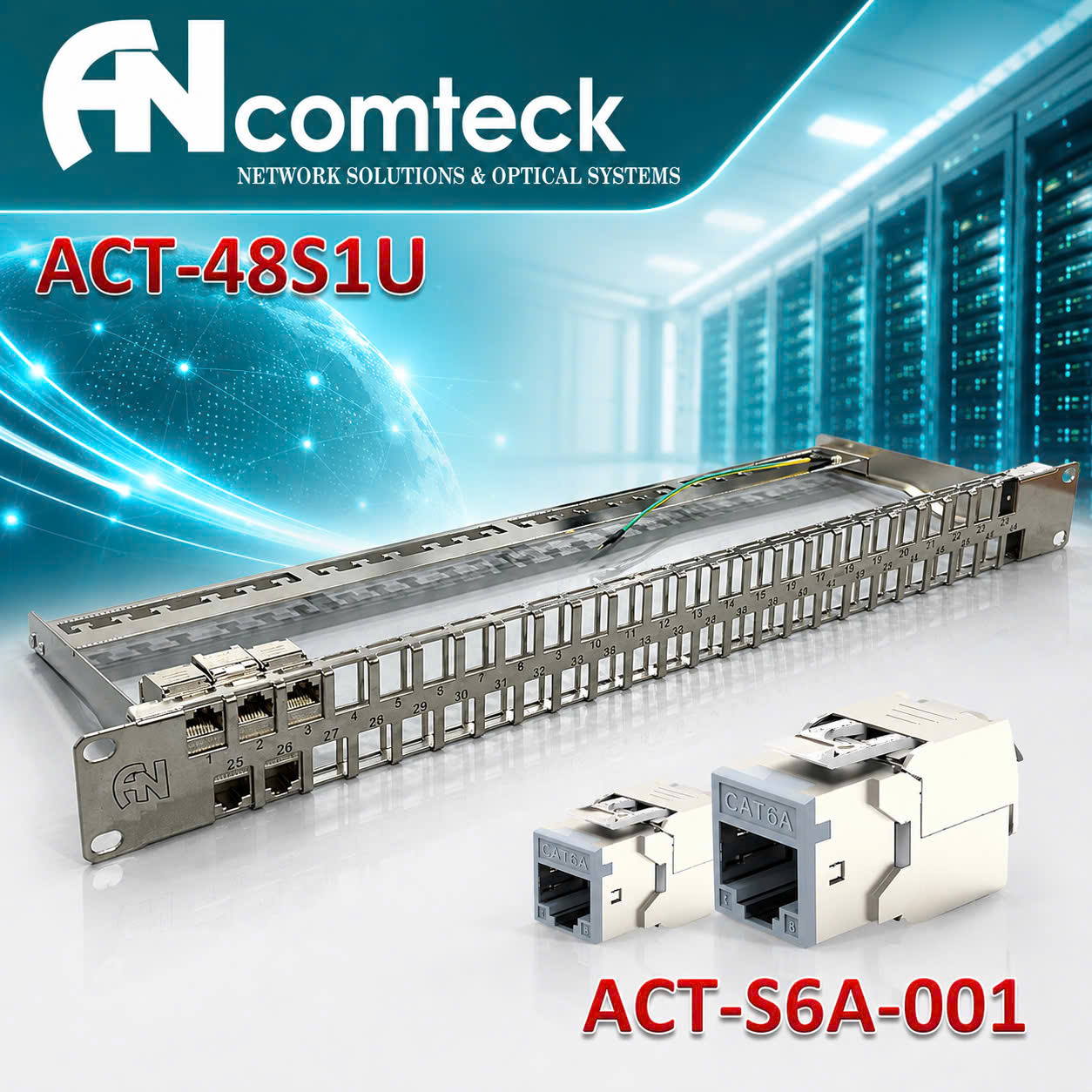 Thanh đấu nối 48 cổng 1U Cat6A mã ACT-48S1U, ACT-S6A-001, gồm thanh quản lý cáp chính hãng ANCOMTECK