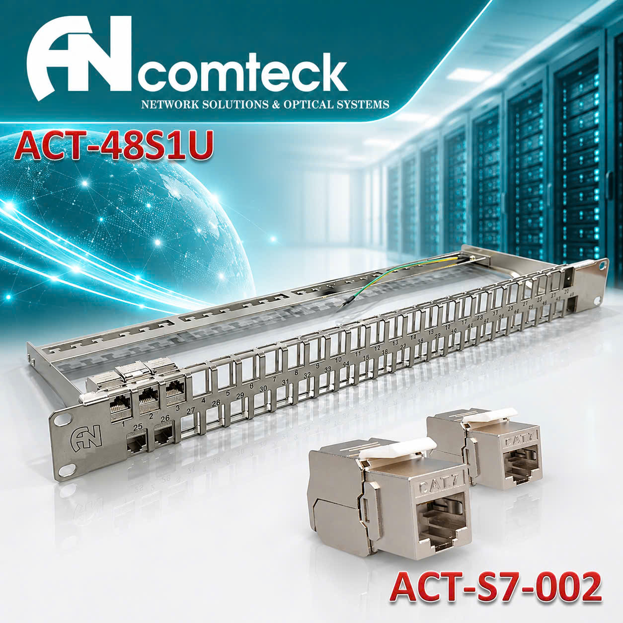 Thanh đấu nối 48 cổng 1U Cat7 mã ACT-48S1U, ACT-S7-002, bao gồm thanh quản lý cáp ANCOMTECK