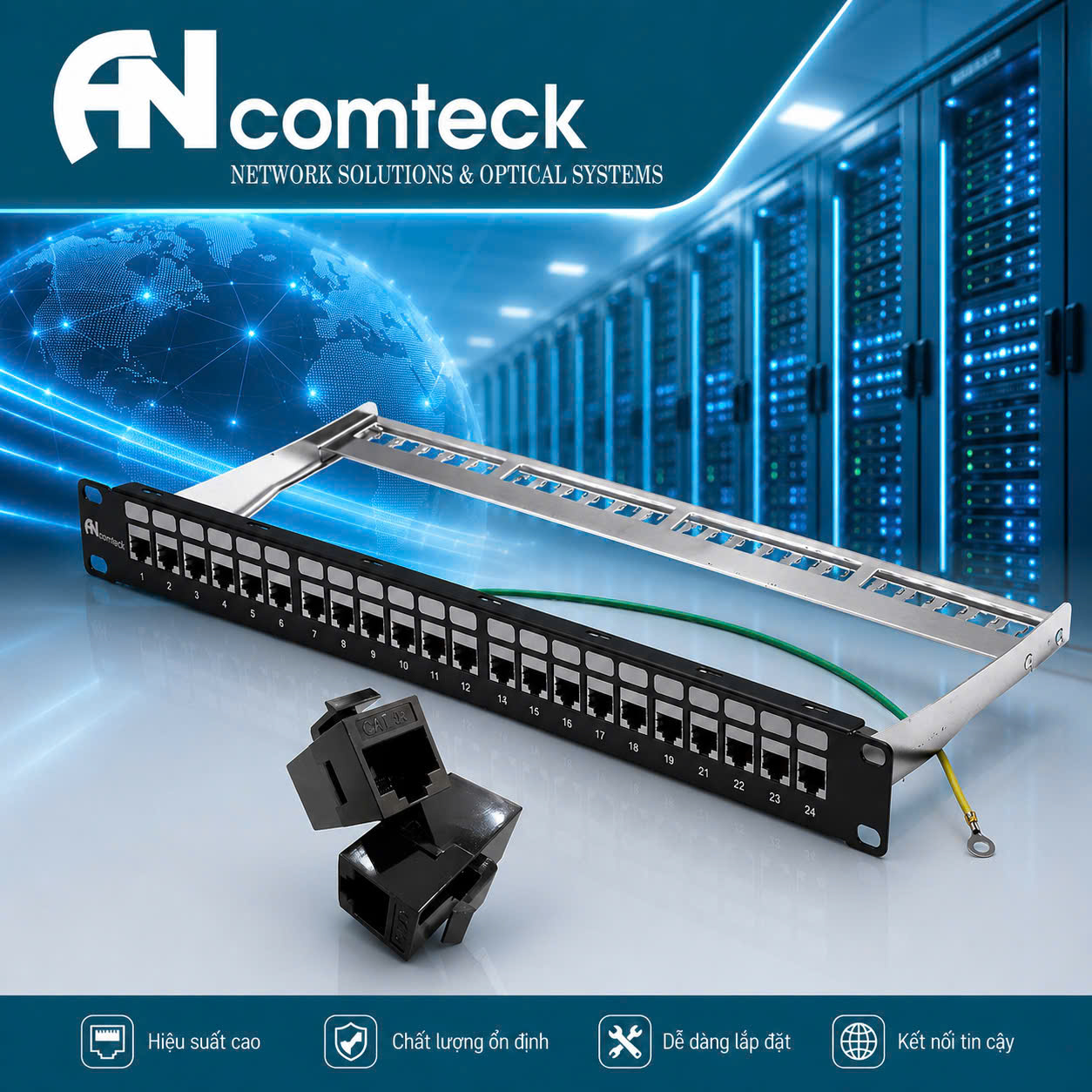 Thanh đấu nối mạng 24 cổng Cat5E UTP mã ACT-24S1U, ACT-5U-88 chính hãng ANCOMTECK