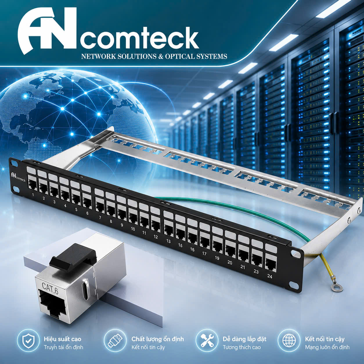 Thanh đấu nối mạng 24 cổng Cat6 FTP mã ACT-24S1U,  ACT-6S-88 chính hãng ANCOMTECK