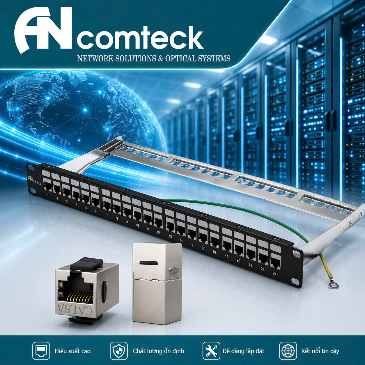 Thanh đấu nối mạng 24 cổng Cat6A STP mã ACT-24S1U, ACT-6A-88 chính hãng ANCOMTECK