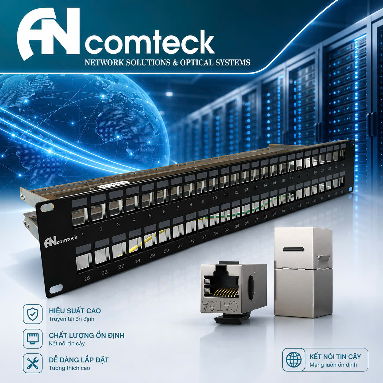 Thanh đấu nối mạng 48 cổng 2U Cat6 STP mã ACT-48S2U, ACT-6S-88 chính hãng ANCOMTECK