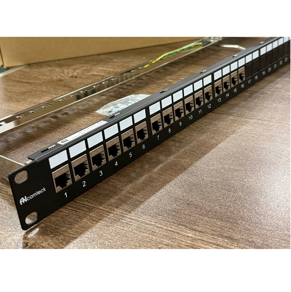 Thanh đấu nổi patch panel 16 cổng Cat6A STP 1U 19inch hiệu Ancomteck