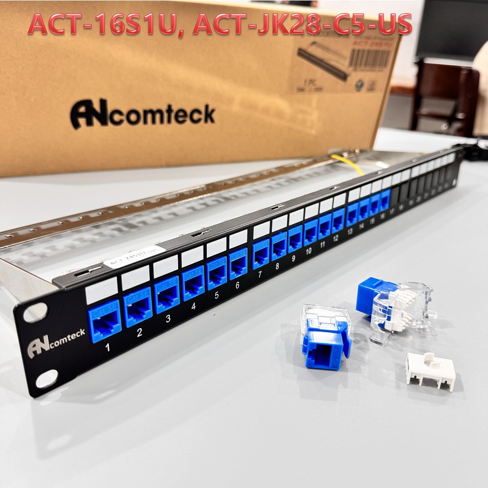 Thanh đấu nối mạng âm tường 16 cổng CAT5e UTP mã ACT-16S1U, ACT-JK28-C5-US ANCOMTECK