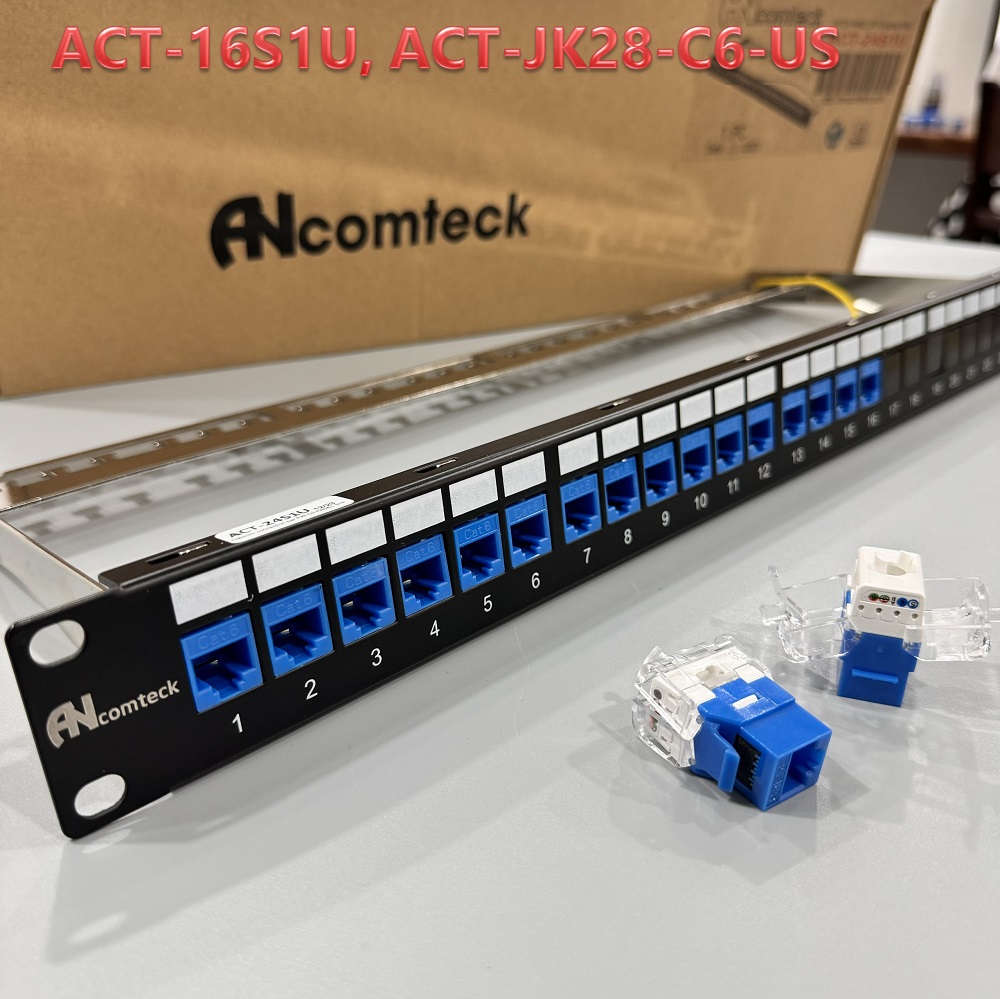 Thanh đấu nối mạng âm tường 16 cổng CAT6 UTP mã ACT-16S1U, ACT-JK28-C6-US ANCOMTECK