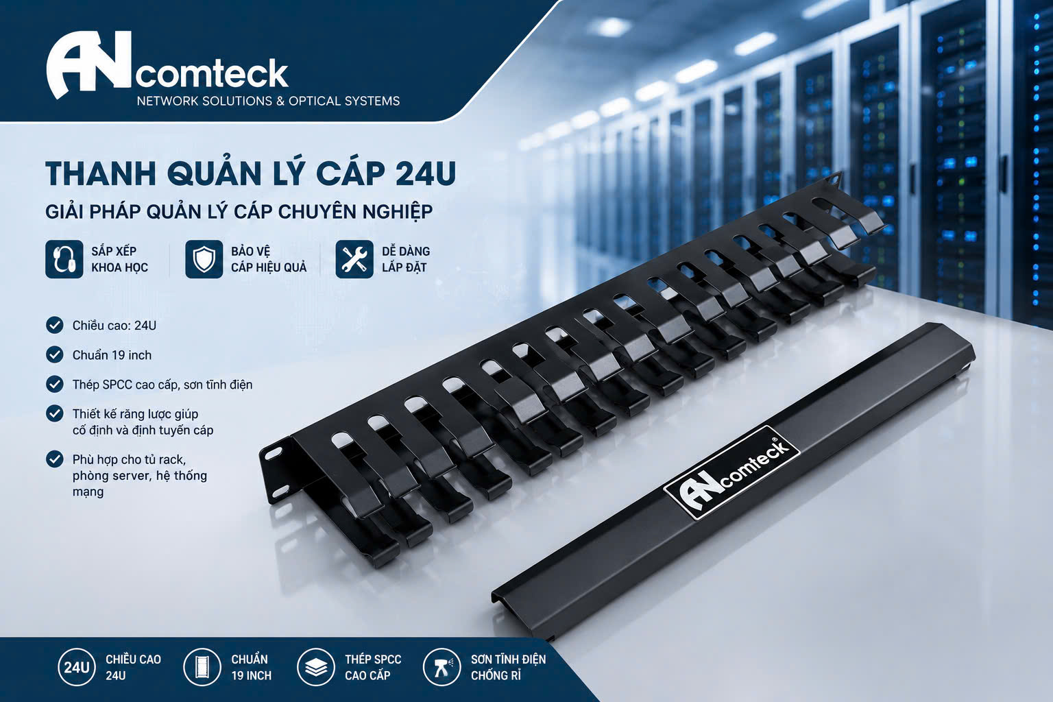Thanh quản lý cáp ngang 1u 24 cổng lắp rack 19'' ACT-1924R, hiệu Ancomteck