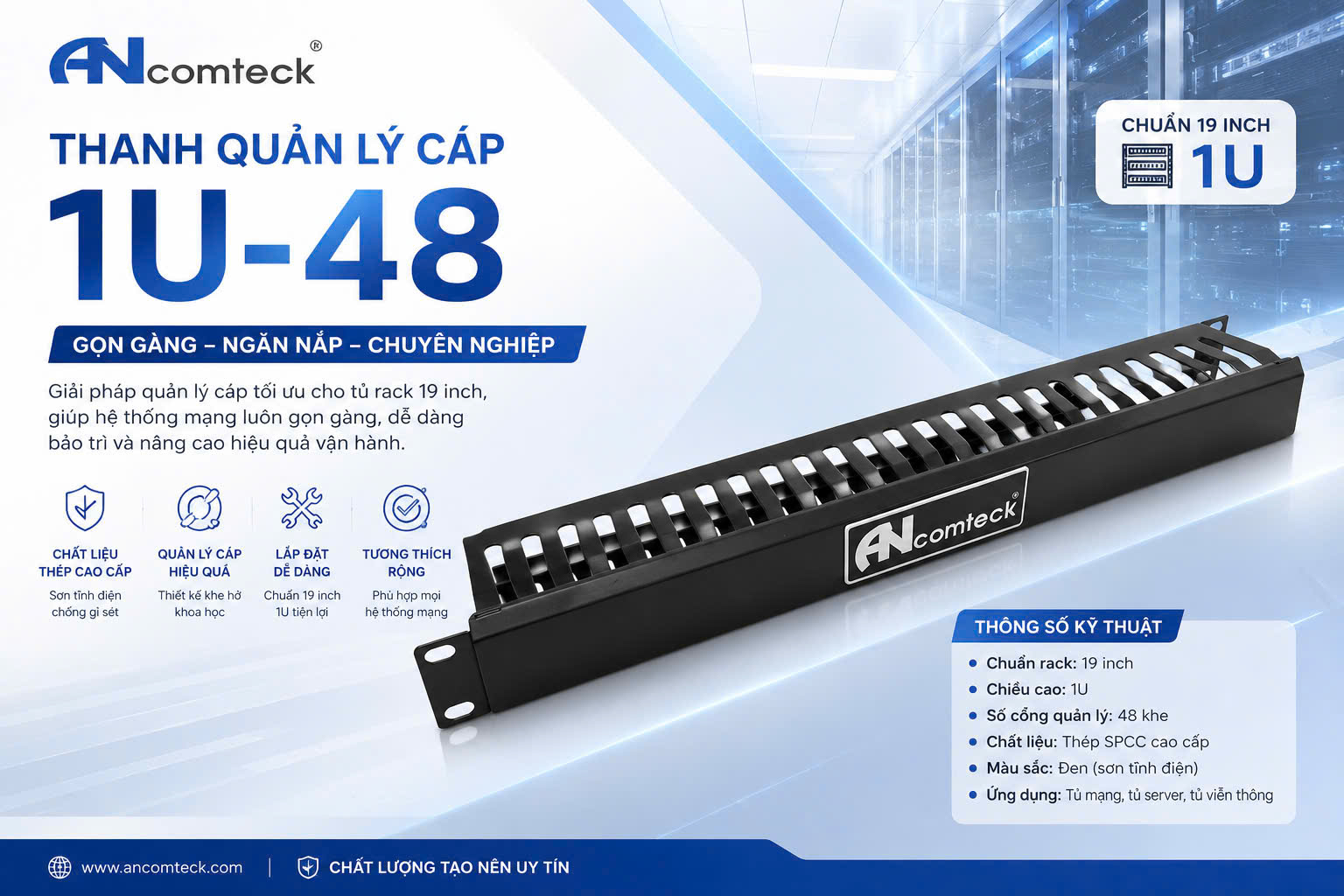 Thanh quản lý cáp ngang 1u 48 cổng lắp rack 19'' ACT-19481U, hiệu Ancomteck