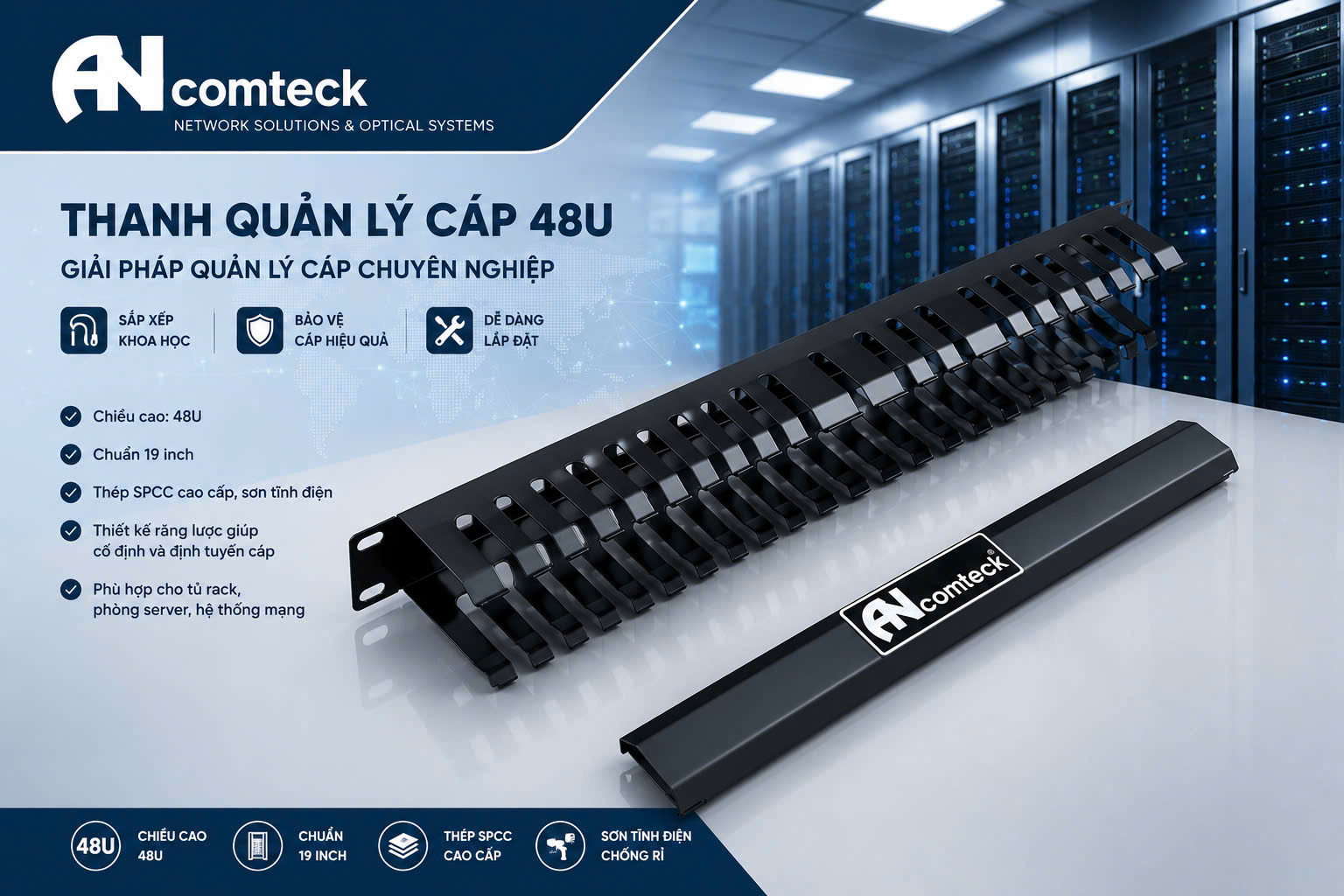 Thanh quản lý cáp ngang 1u 48 cổng lắp rack 19'' ACT-1948R, hiệu Ancomteck